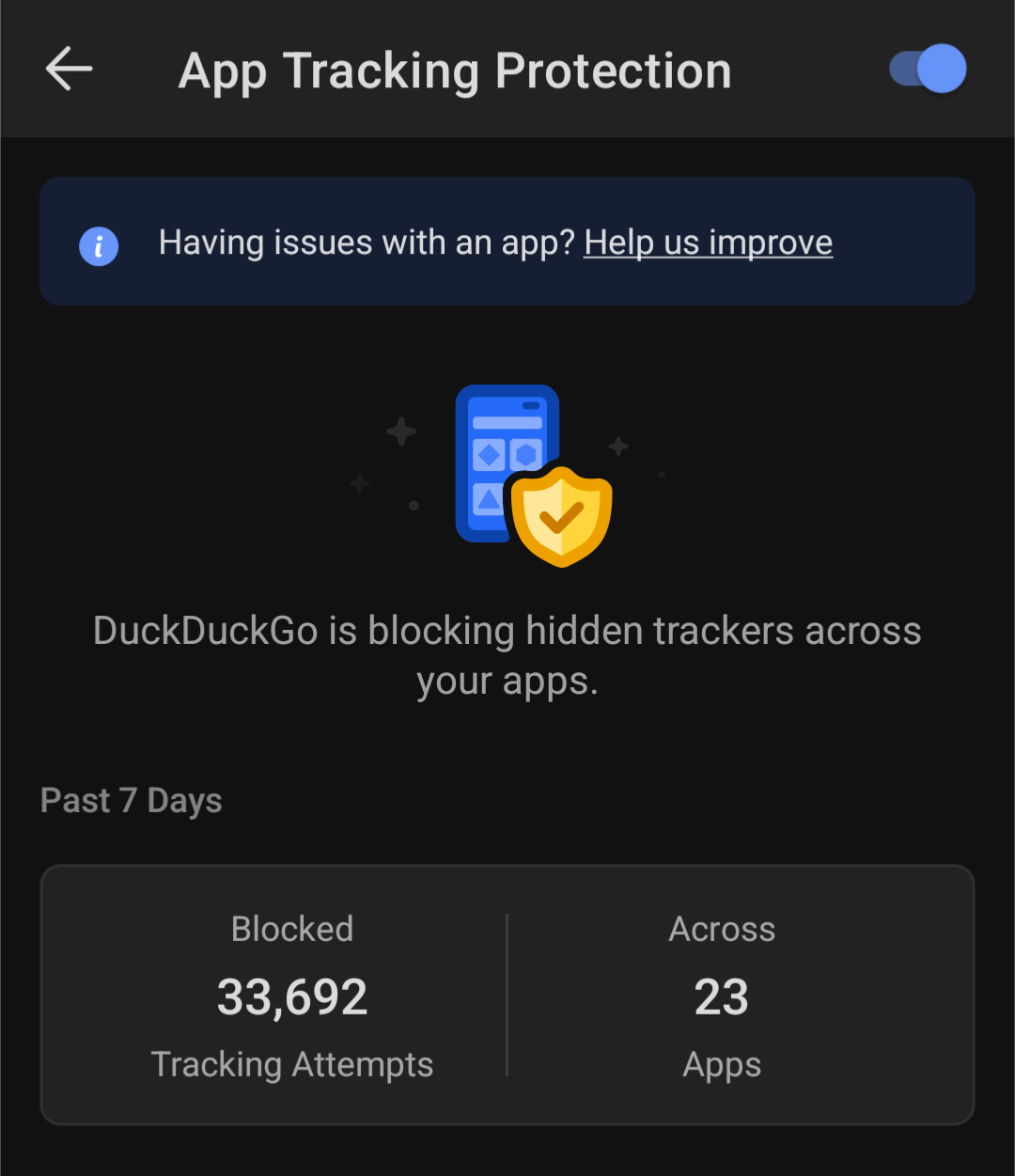 Cropped screenshot of DuckDuckGo's App Tracking Protection, showing 34,000 blocked tracking attempts across 7 days