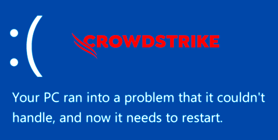 Windows "BSOD" screen with the CrowdStrike logo superimposed on it.